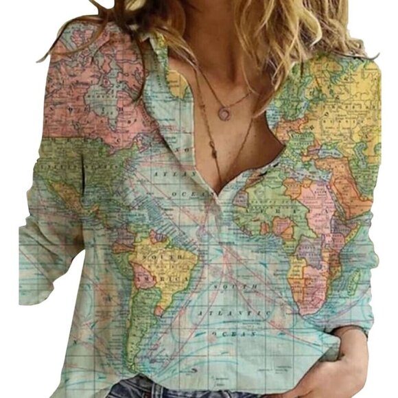 MissLook Novelty World Map Print Linen Button Down Shirt Size 3X - Picture 1 of 7